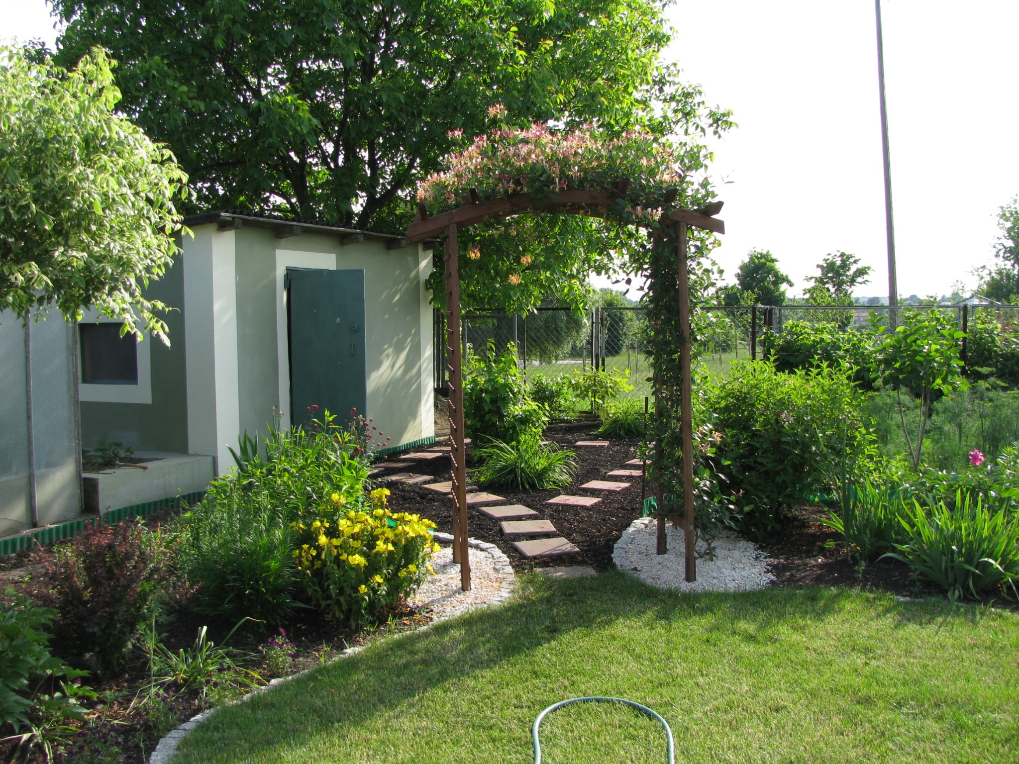 Ogród z drewnianą pergolą oplecioną kwitnącym pnączem, ścieżką z płyt kamiennych, ozdobnymi rabatami i trawnikiem, widoczny mały budynek gospodarczy z zielonymi drzwiami.
