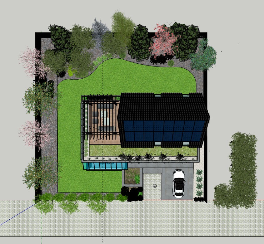 Wizualizacja 3D z lotu ptaka przedstawiająca projekt zagospodarowania terenu wokół domu w Bełchatowie, z uwzględnieniem trawnika, drzew, pergoli, basenu i podjazdu z samochodem.