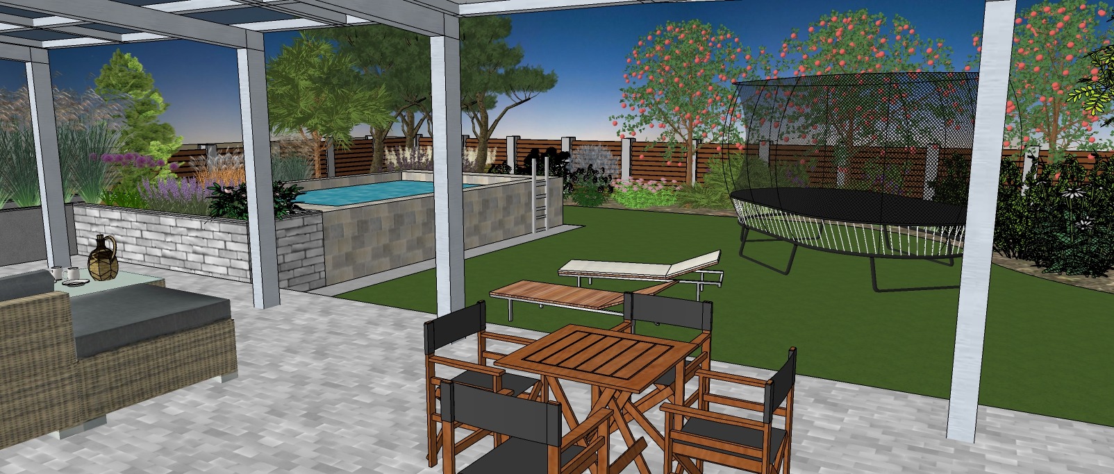 Wizualizacja ogrodu z basenem, trampoliną i meblami ogrodowymi pod zadaszeniem, z kwitnącymi drzewami owocowymi w tle.