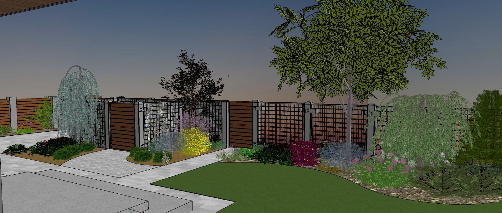 Wizualizacja 3D ogrodu z drewnianym ogrodzeniem, elementami gabionowymi, trawnikiem i różnorodną roślinnością, w tym drzewami, krzewami i kwiatami, na tle pochmurnego nieba.