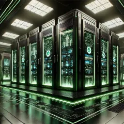 Serwerownia z rzędami szaf serwerowych, podświetlonych zielonym neonem, z widocznymi ekranami i elementami elektronicznymi. Odblaskowa podłoga dodaje głębi futurystycznemu wnętrzu.