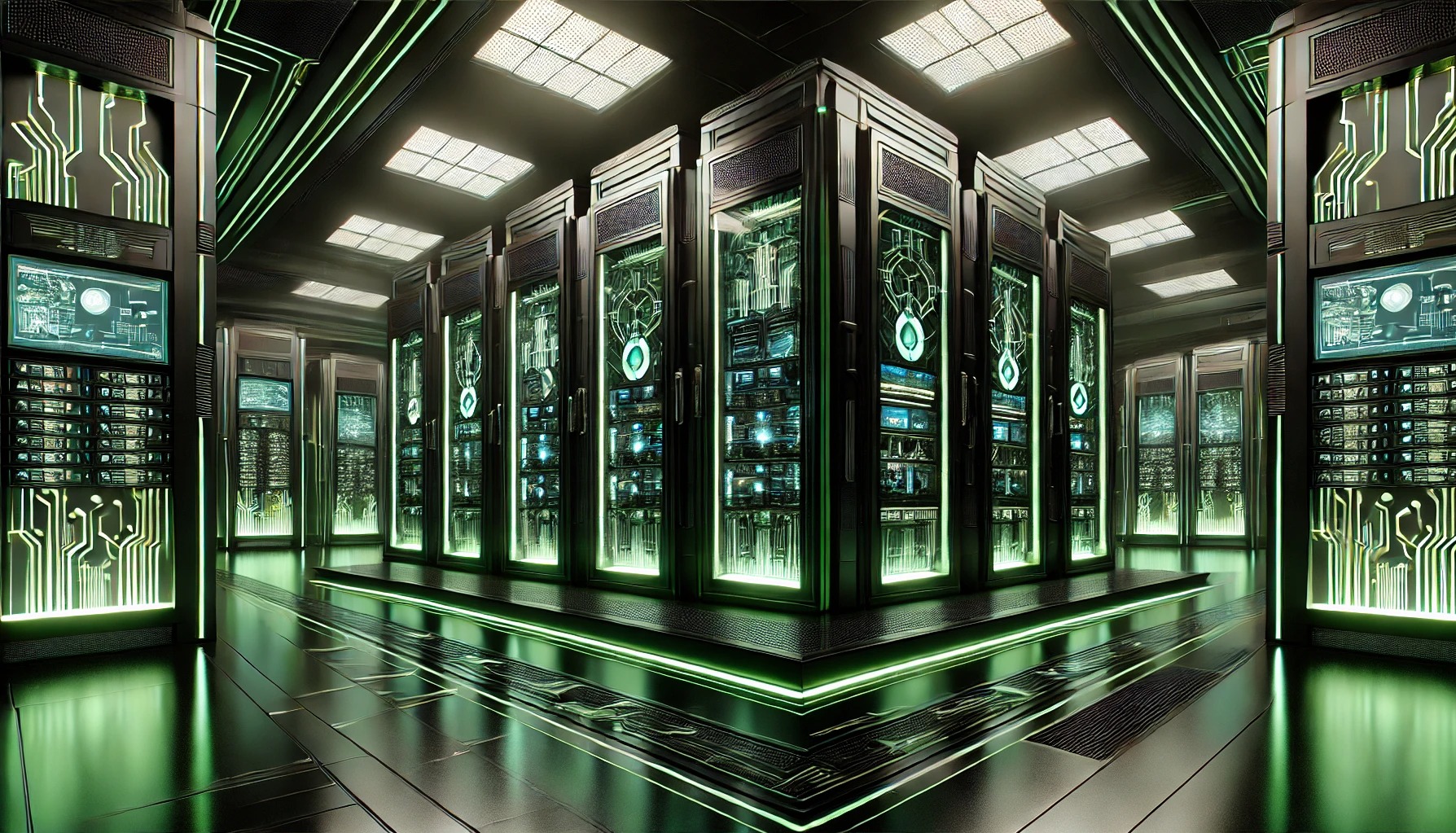 Serwerownia z rzędami szaf serwerowych, podświetlonych zielonym neonem, z widocznymi ekranami i elementami elektronicznymi. Odblaskowa podłoga dodaje głębi futurystycznemu wnętrzu.