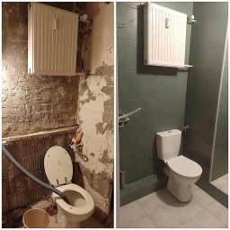 MIC-BUD - Porównanie stanu łazienki przed i po: surowe ściany z instalacjami i podłączonym odkurzaczem kontra wykończona łazienka z zielonymi płytkami i nową armaturą.