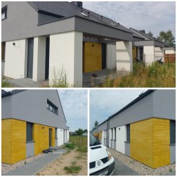 MIC-BUD - Nowoczesne domy jednorodzinne z szarą elewacją górną i panelami imitującymi drewno w kolorze miodowym na dolnej części fasady, widoczne z różnych perspektyw.