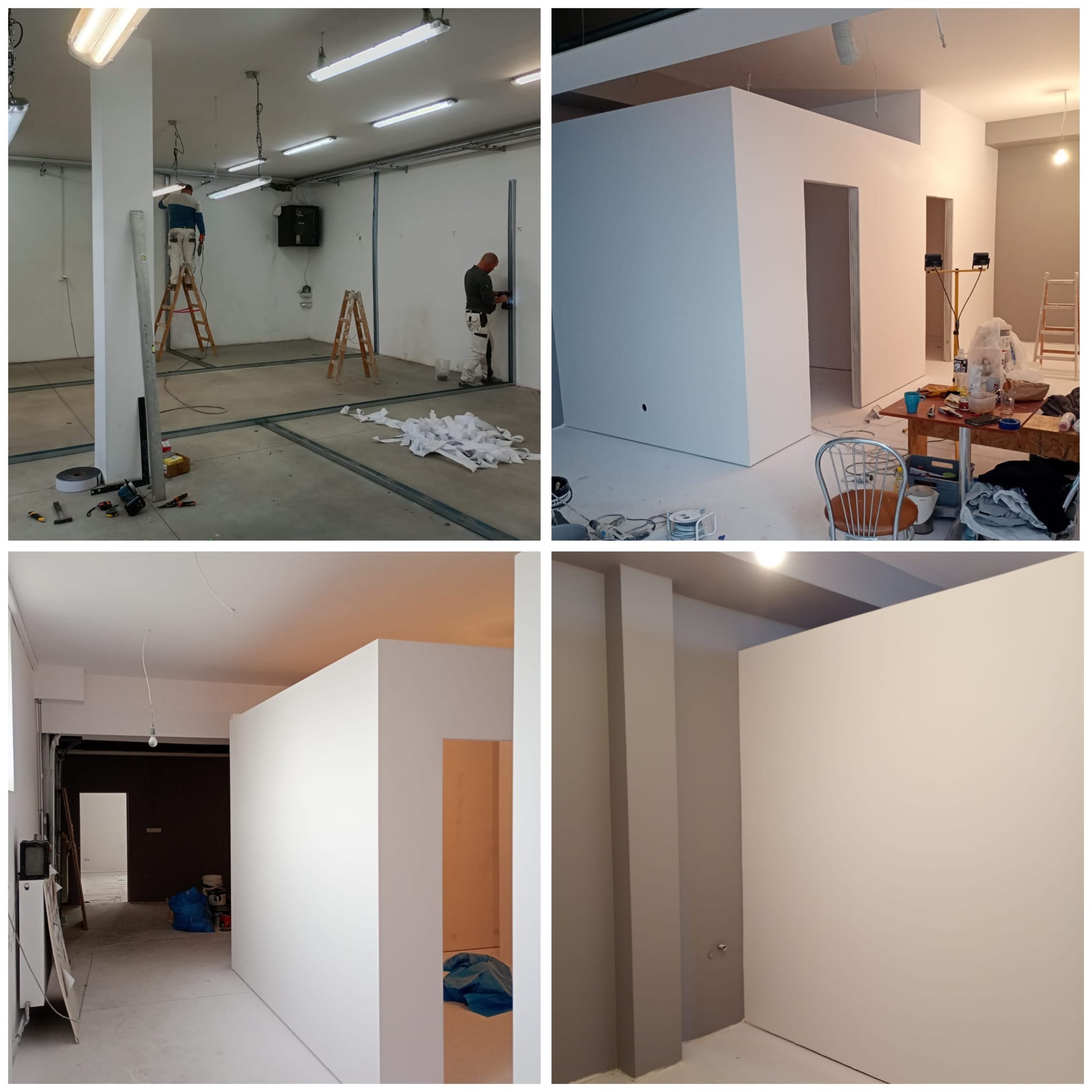 Wnętrze w trakcie prac: montaż stelażu pod płytę karton-gips, widoczne narzędzia, drabiny, oraz fragmenty gotowych ścian działowych pomalowanych na biało i szaro.