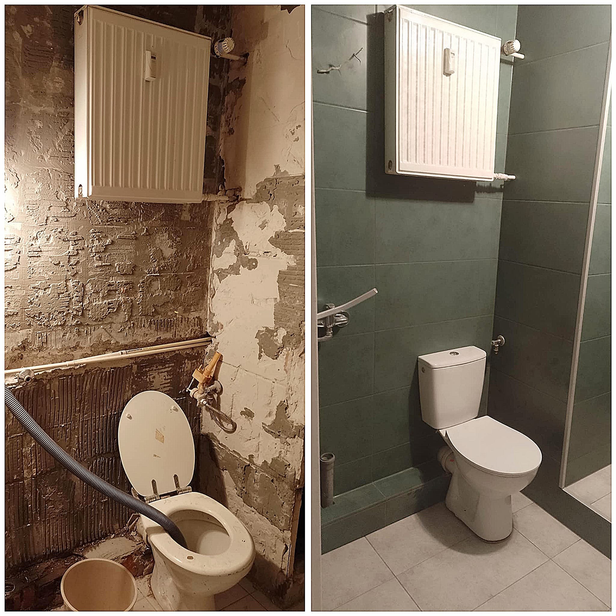 Porównanie stanu łazienki przed i po: surowe ściany z instalacjami i podłączonym odkurzaczem kontra wykończona łazienka z zielonymi płytkami i nową armaturą.