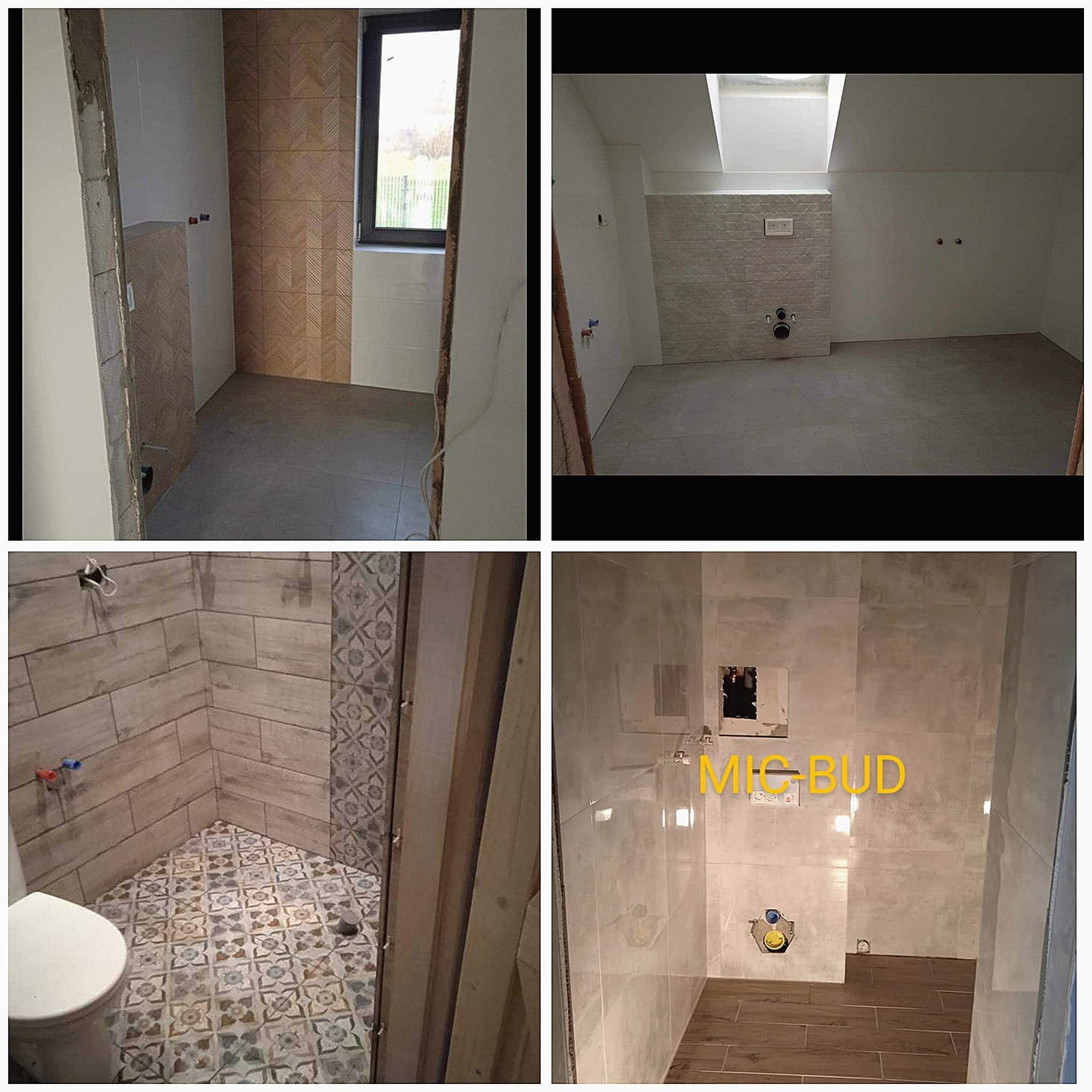 Cztery kadry z remontowanej łazienki w Czerniejewie: układanie płytek na ścianach i podłodze, widoczne przyłącza wodne, surowy stan wykończenia, różne wzory płytek.