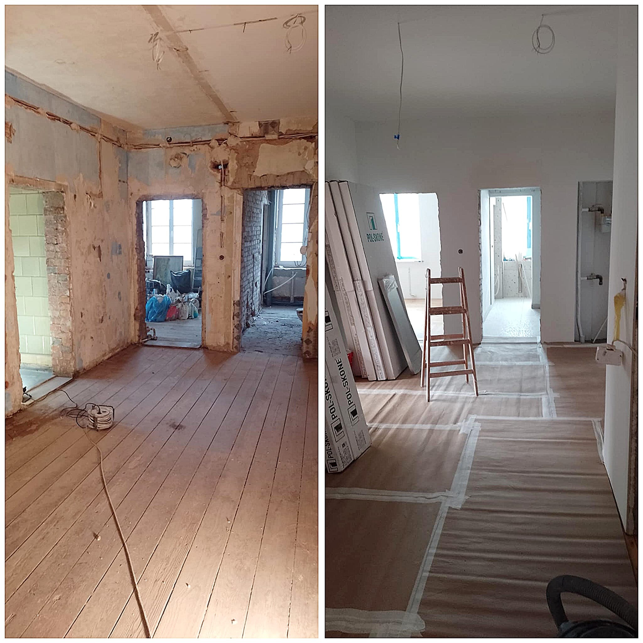 Porównanie stanu pokoju przed i po: surowe ściany z odsłoniętą cegłą i instalacjami elektrycznymi kontra świeżo pomalowane białe wnętrze z zabezpieczoną podłogą i ułożonymi płytami...