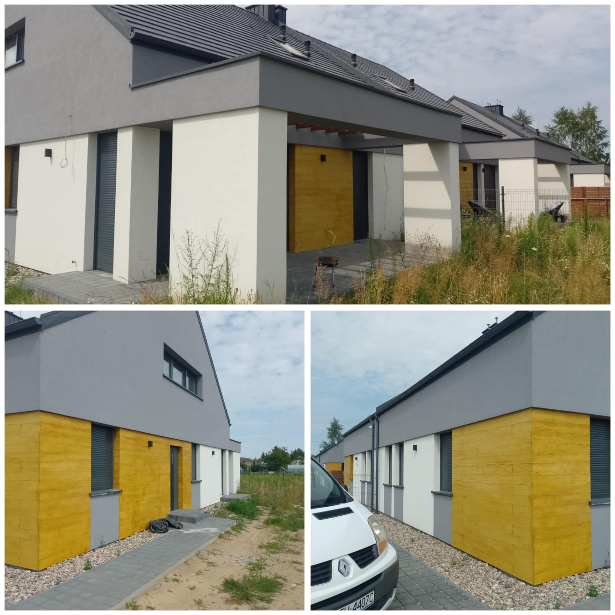 Nowoczesne domy jednorodzinne z szarą elewacją górną i panelami imitującymi drewno w kolorze miodowym na dolnej części fasady, widoczne z różnych perspektyw.