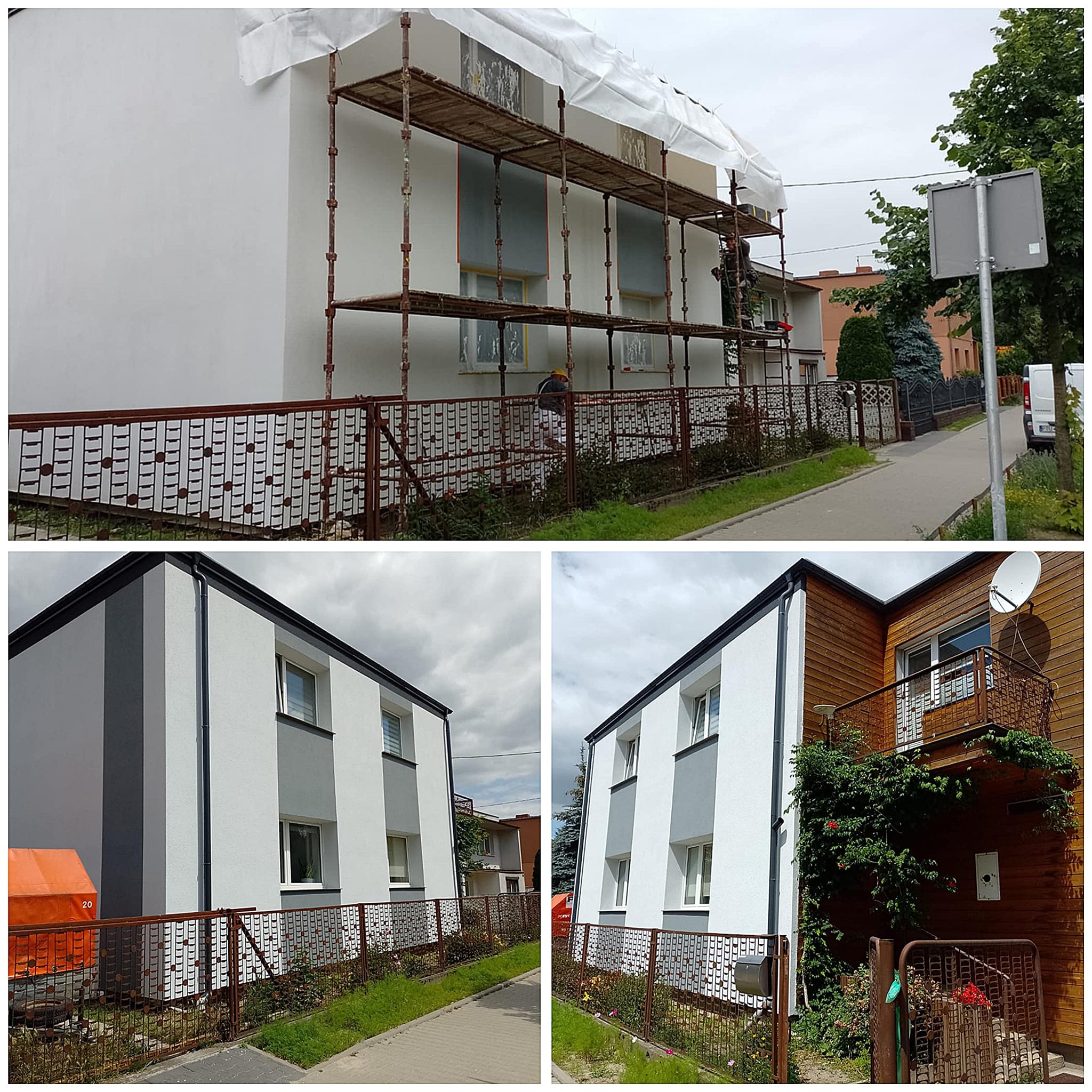 Dwupiętrowy budynek w trakcie malowania elewacji, widoczne rusztowania i zabezpieczenia folią, w tle zieleń i zabudowa sąsiedzka.