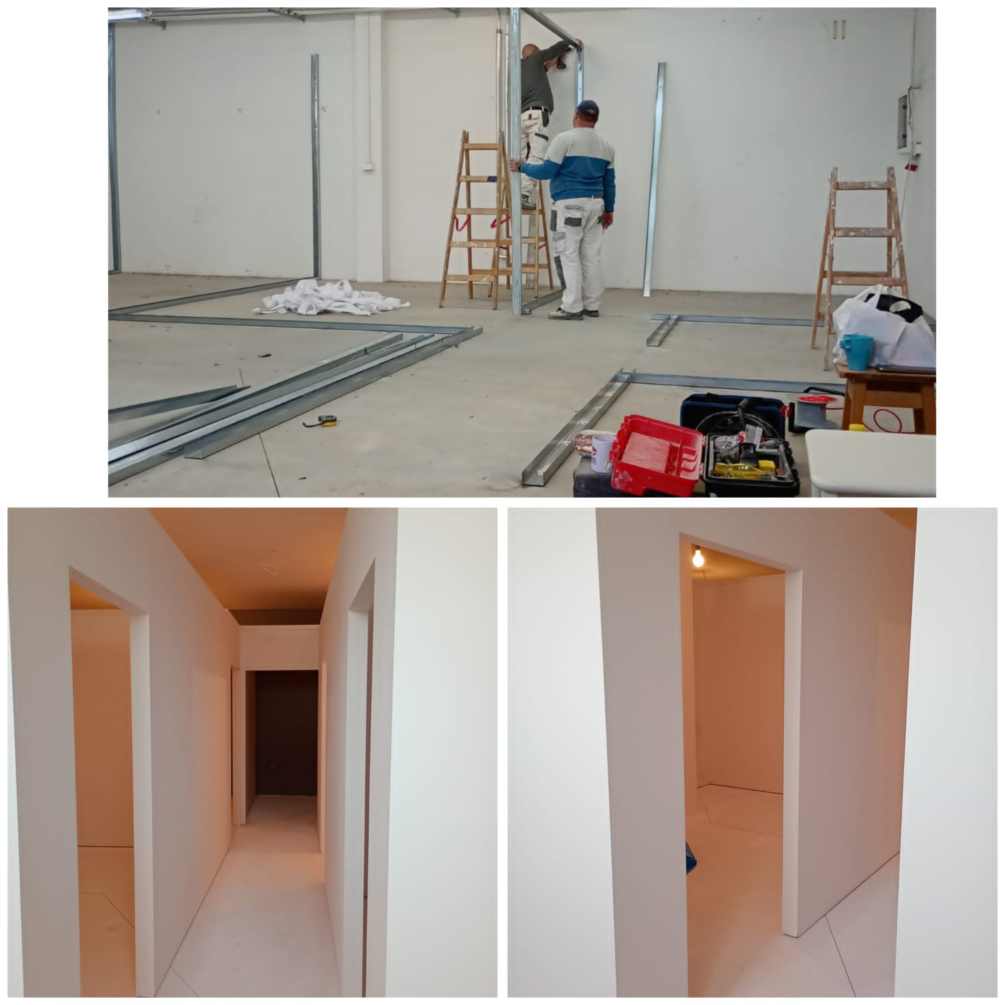 Montaż metalowej konstrukcji ścian działowych w pomieszczeniu, widoczne profile podłogowe i pionowe, pracownicy na drabinie oraz wykończone wnętrze z pomalowanymi ścianami i ościeżnicami.