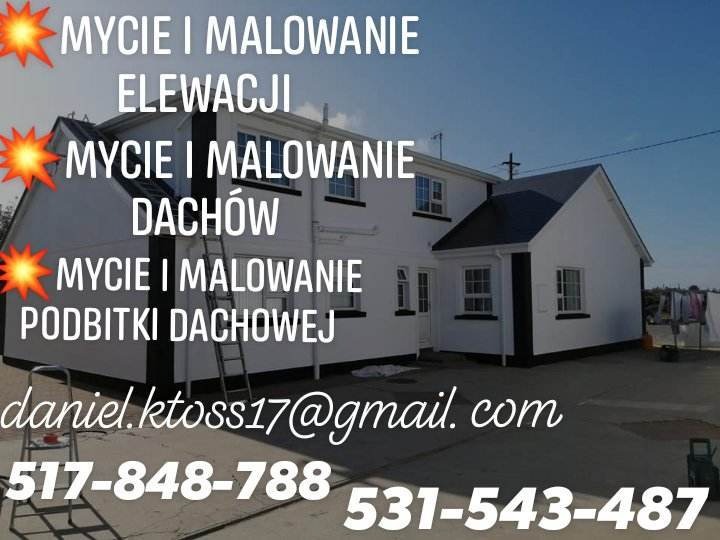 Odnowiony dom jednorodzinny w Zielonej Górze po umyciu i pomalowaniu elewacji oraz dachu, widoczne numery telefonów i adres email firmy.