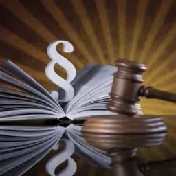 Otwarta książka z symbolem paragrafu i drewniany młotek sędziowski na błyszczącej powierzchni, w tle promienie światła.