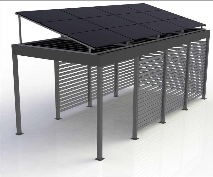 Wizualizacja szarej pergoli z panelami słonecznymi na dachu i ażurowymi ścianami bocznymi z poziomych listew, na białym tle.