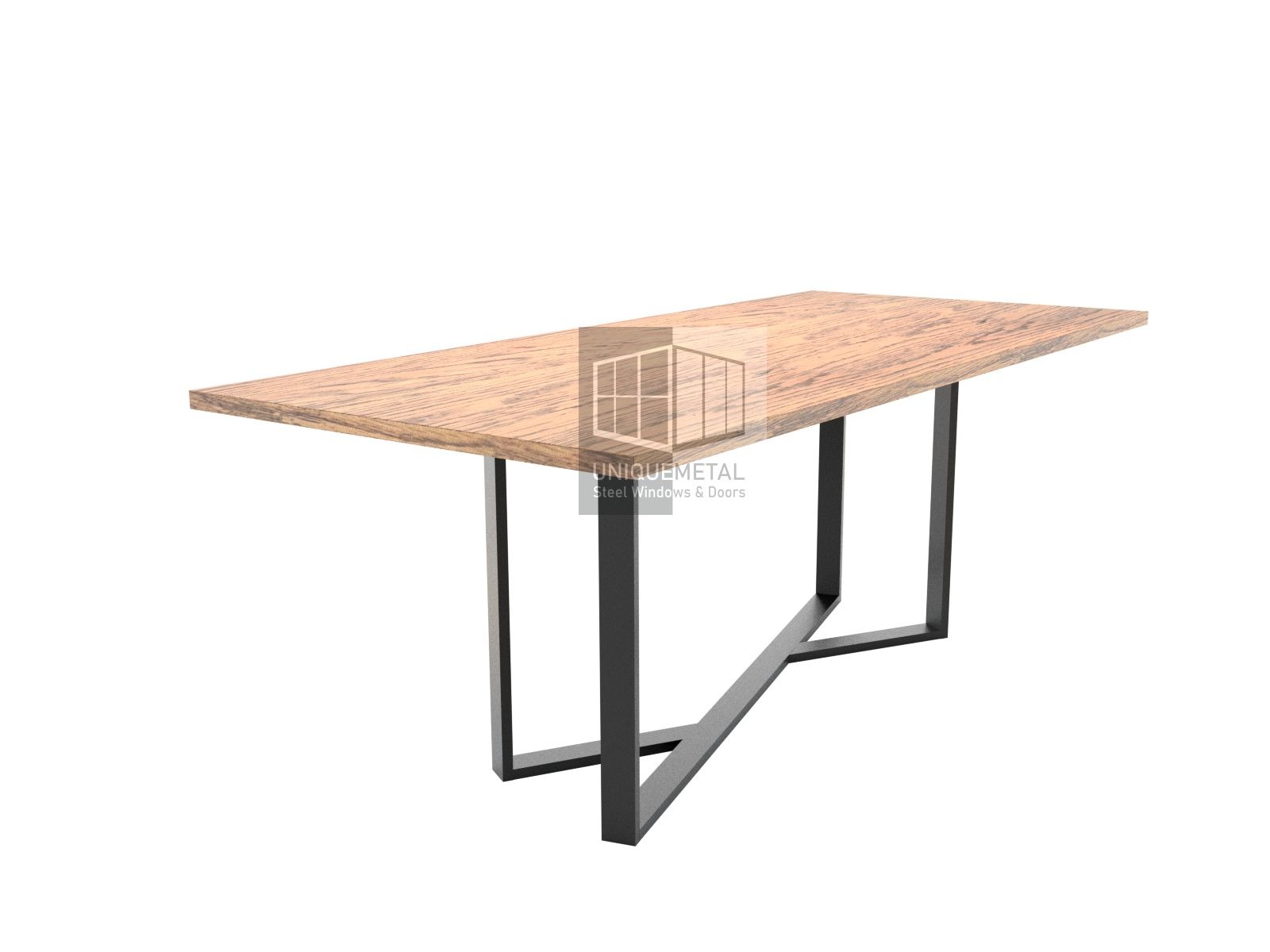 Stół z blatem z jasnego drewna o wyraźnym usłojeniu i czarnymi, geometrycznymi nogami z metalu, widoczne logo firmy UNIQUE METAL.