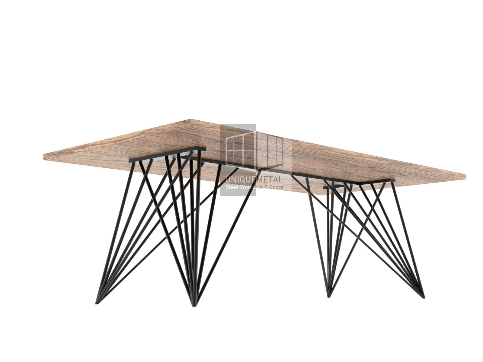 Stół z blatem imitującym drewno i czarnymi, metalowymi nogami o geometrycznym kształcie, widziany z perspektywy lekko od dołu.