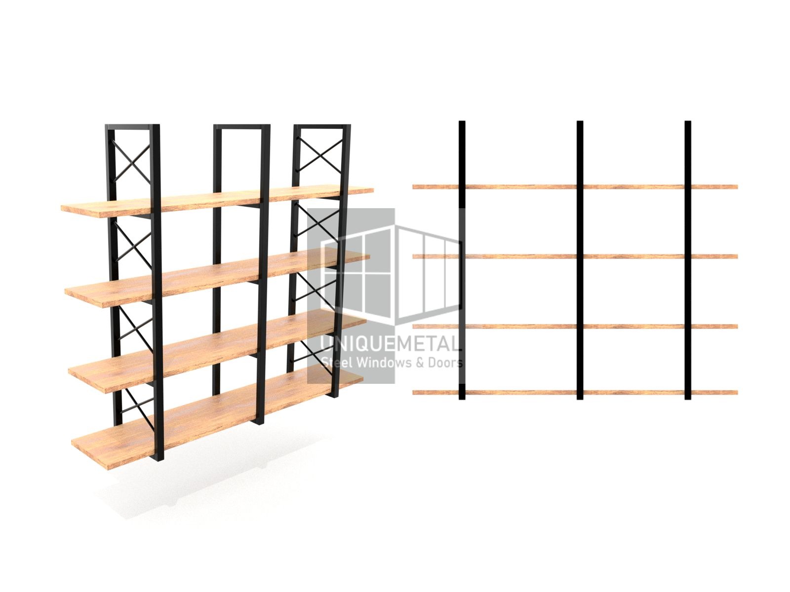 Wizualizacja regału z czarną metalową konstrukcją i drewnianymi półkami, z logo firmy UniqueMetal w tle.