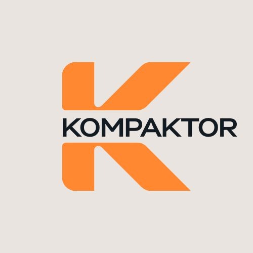 Pomarańczowe logo firmy Kompaktor na jasnym tle. Stylizowana litera K z nazwą firmy poniżej. Minimalistyczny design, nowoczesna typografia.