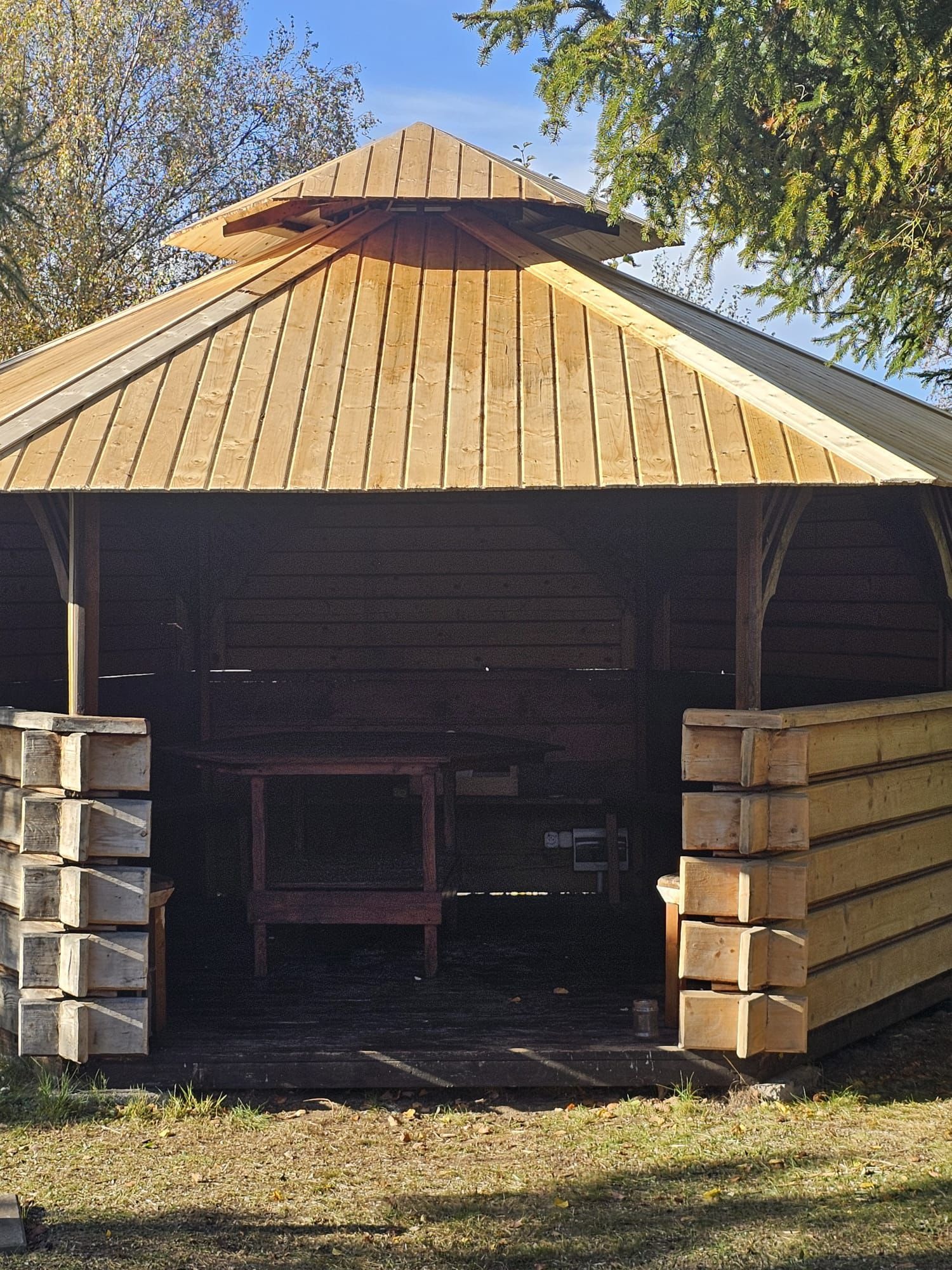 Drewniana altana ogrodowa z dwuspadowym dachem, widoczna z zewnątrz, z elementami konstrukcyjnymi z belek. Wnętrze zacienione, z widocznym stołem i ławkami.