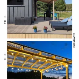 Dwa ujęcia: szary domek z drewnianym tarasem, kwiatami w niebieskich doniczkach i meblami ogrodowymi; oraz drewniana altana z oświetleniem w postaci girlandy żarówek, wykonana nocą.