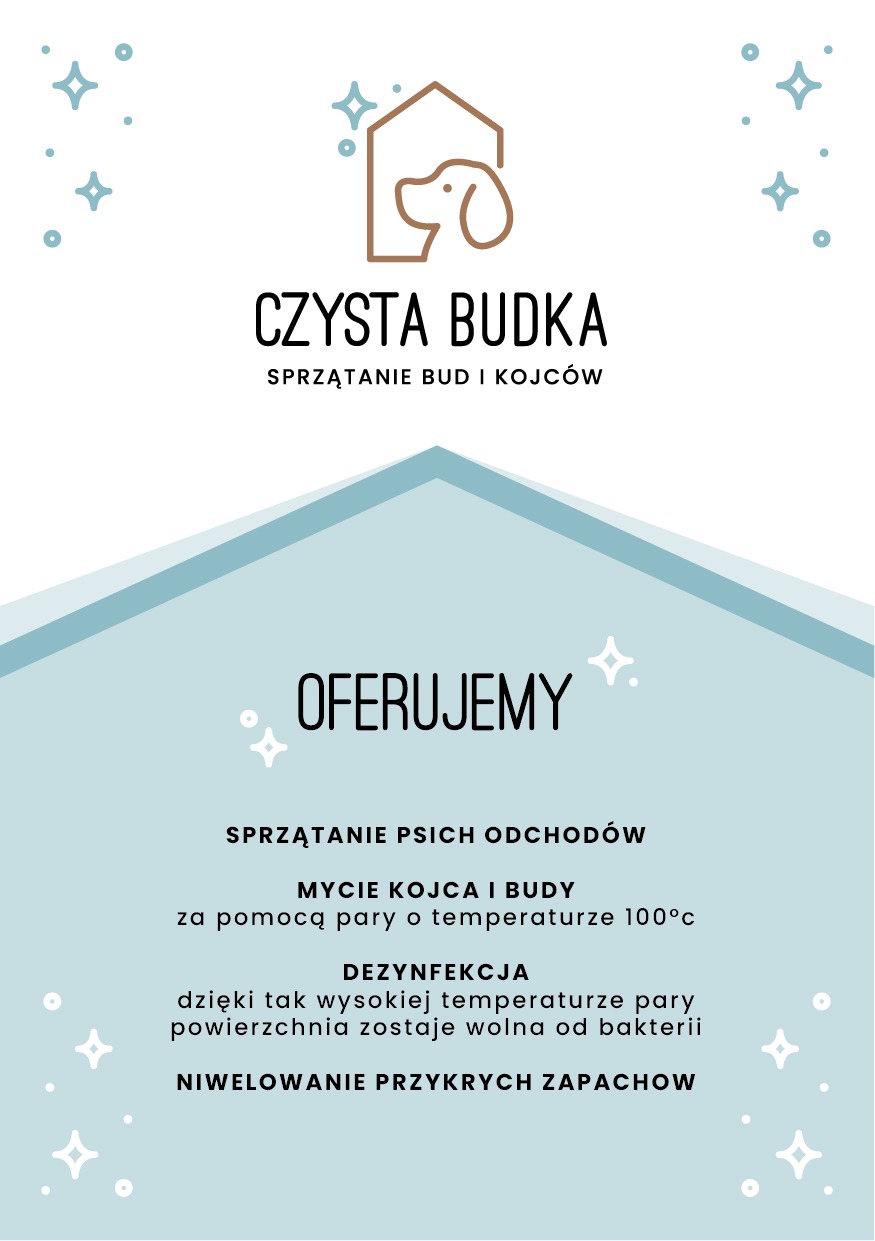 Grafika reklamowa z logotypem przedstawiająca ofertę usług sprzątania bud i kojców dla psów, obejmującą sprzątanie odchodów, mycie parą o temperaturze 100 stopni Celsjusza, dezynfekcję...