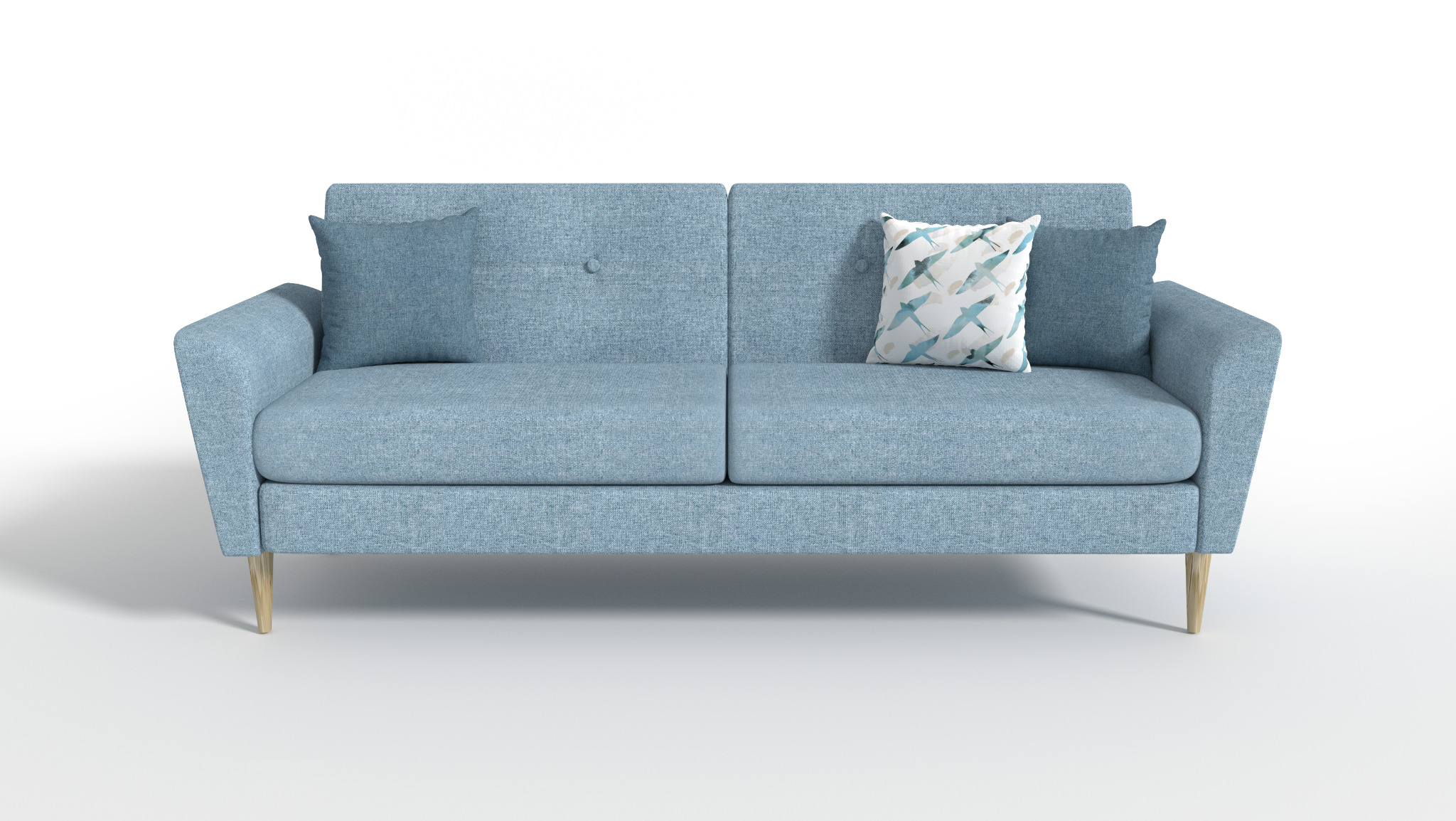 Wizualizacja 3D sofy w odcieniach błękitu na białym tle, z poduszkami w kolorze sofy i wzorzystą poduszką z motywem ptaków.