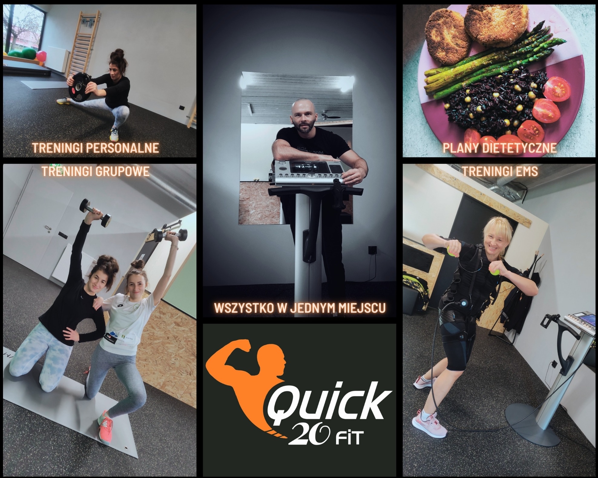 Mozaika zdjęć prezentująca różne aspekty studia fitness: trening personalny z obciążeniem, trening EMS, plany dietetyczne, treningi grupowe i logo firmy Quick 20 Fit.