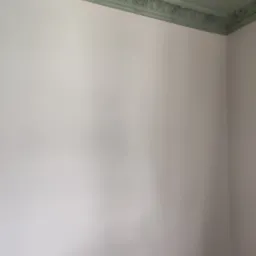 Pomalowane na zielono zdobienia sufitowe w rogu pokoju z gładką, białą ścianą i drewnianą podłogą