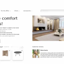 Projekt strony internetowej salonu meblowego z minimalistycznym designem, prezentujący aranżację salonu z kominkiem i białymi meblami.