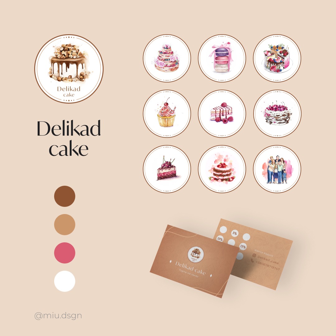 Prezentacja identyfikacji wizualnej firmy cukierniczej Delikad Cake, obejmująca logo z tortem orzechowym, paletę kolorów, zestaw ikon z akwarelowymi ilustracjami ciast i tortów oraz wizytówki...