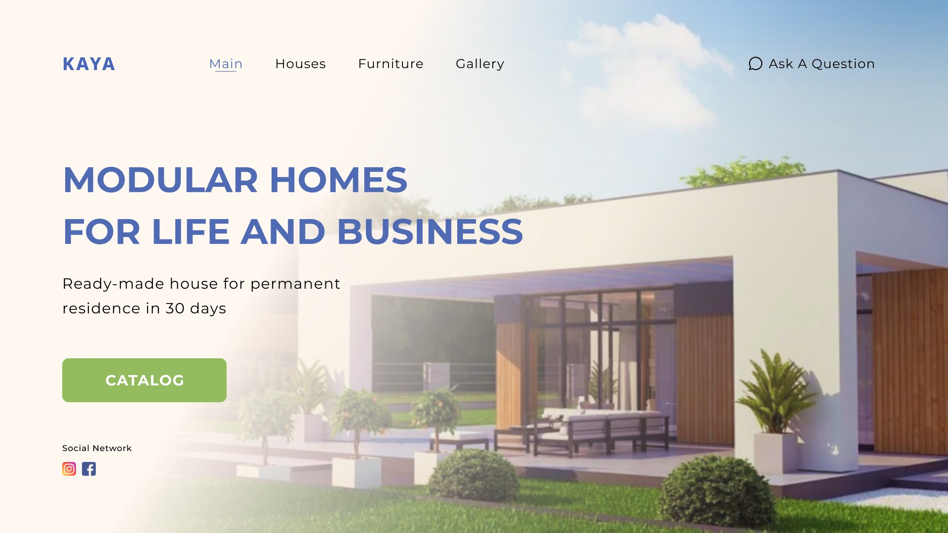 Projekt strony internetowej prezentujący nowoczesny dom modułowy z minimalistycznym designem i dużymi przeszkleniami, otoczony zielonym trawnikiem i dekoracyjnymi krzewami, z elementami interfejsu...