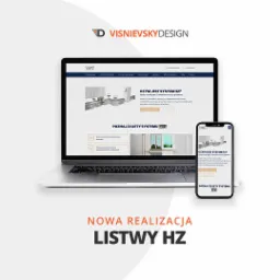 Laptop i smartfon prezentujące stronę internetową z wizualizacją listew maskujących rury grzewcze, z logo firmy VisnievskyDesign w tle.