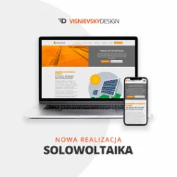 Prezentacja responsywnej strony internetowej Solowoltaika na laptopie i smartfonie, wyświetlająca informacje o panelach fotowoltaicznych i odnawialnych źródłach energii.
