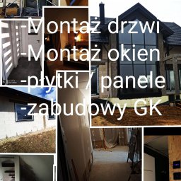 KAMBUD Kamil Laskowski - Kompozycja zdjęć przedstawiająca różne etapy remontu i wykończenia domu, w tym montaż drzwi wewnętrznych z przeszkleniami, okien z czarnymi ramami, prace związane z płytkami, panelami i zabudową GK...