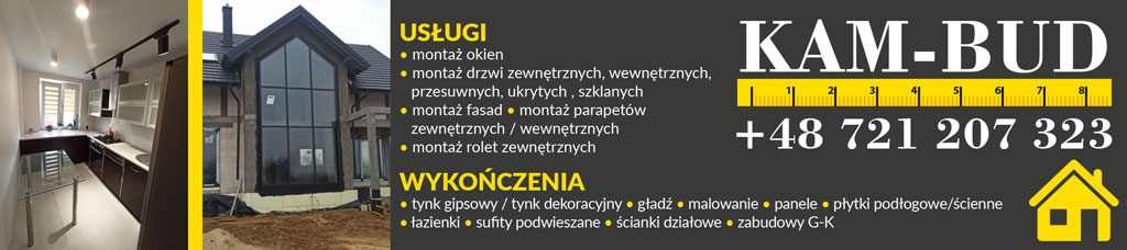 Baner reklamowy firmy KAM-BUD oferującej montaż okien i drzwi, fasad, rolet zewnętrznych oraz usługi wykończeniowe, w tym łazienki i sufity podwieszane. Po lewej stronie fragment zdjęcia kuchni,...