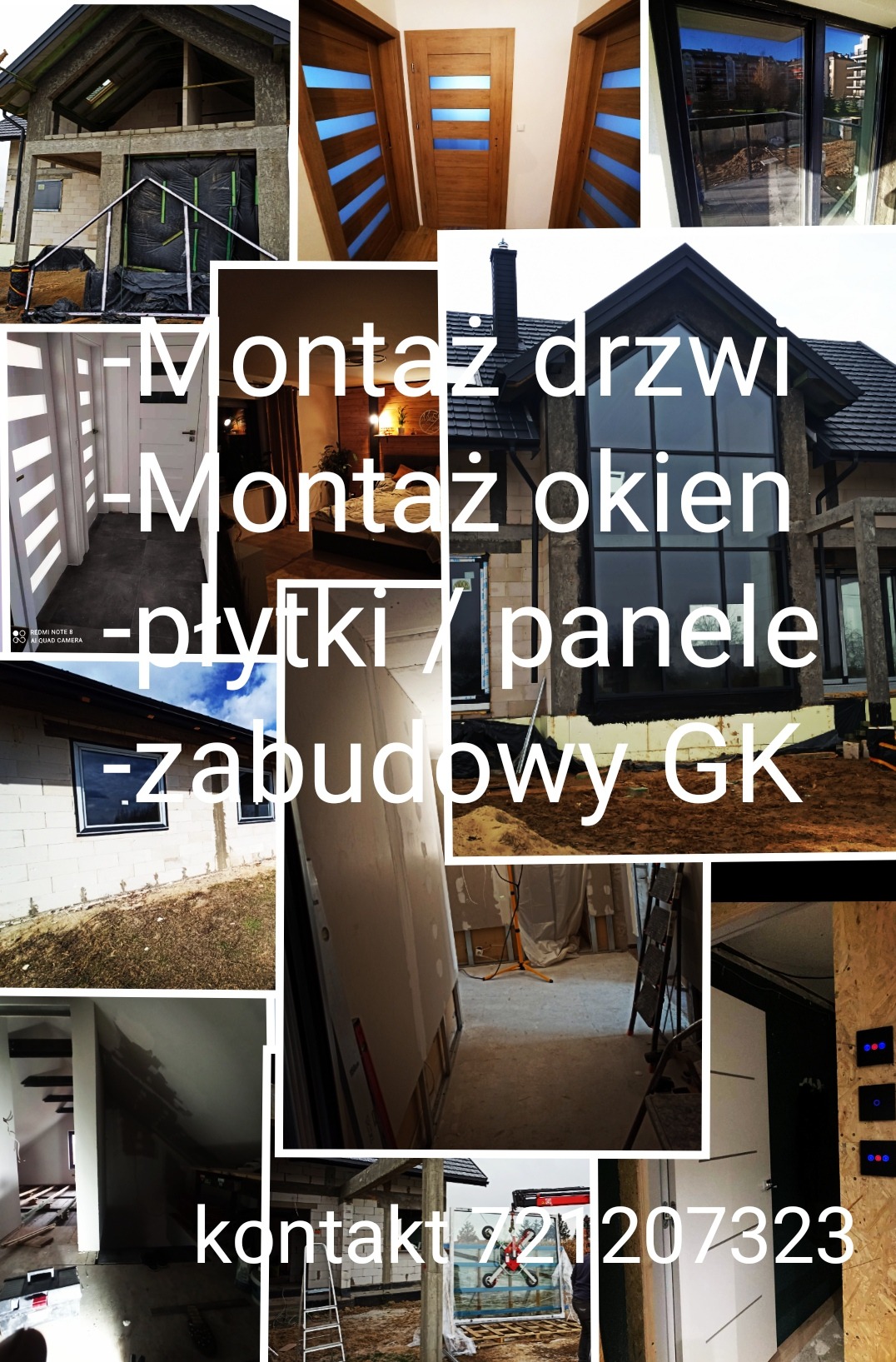 Kompozycja zdjęć przedstawiająca różne etapy remontu i wykończenia domu, w tym montaż drzwi wewnętrznych z przeszkleniami, okien z czarnymi ramami, prace związane z płytkami, panelami i zabudową GK...