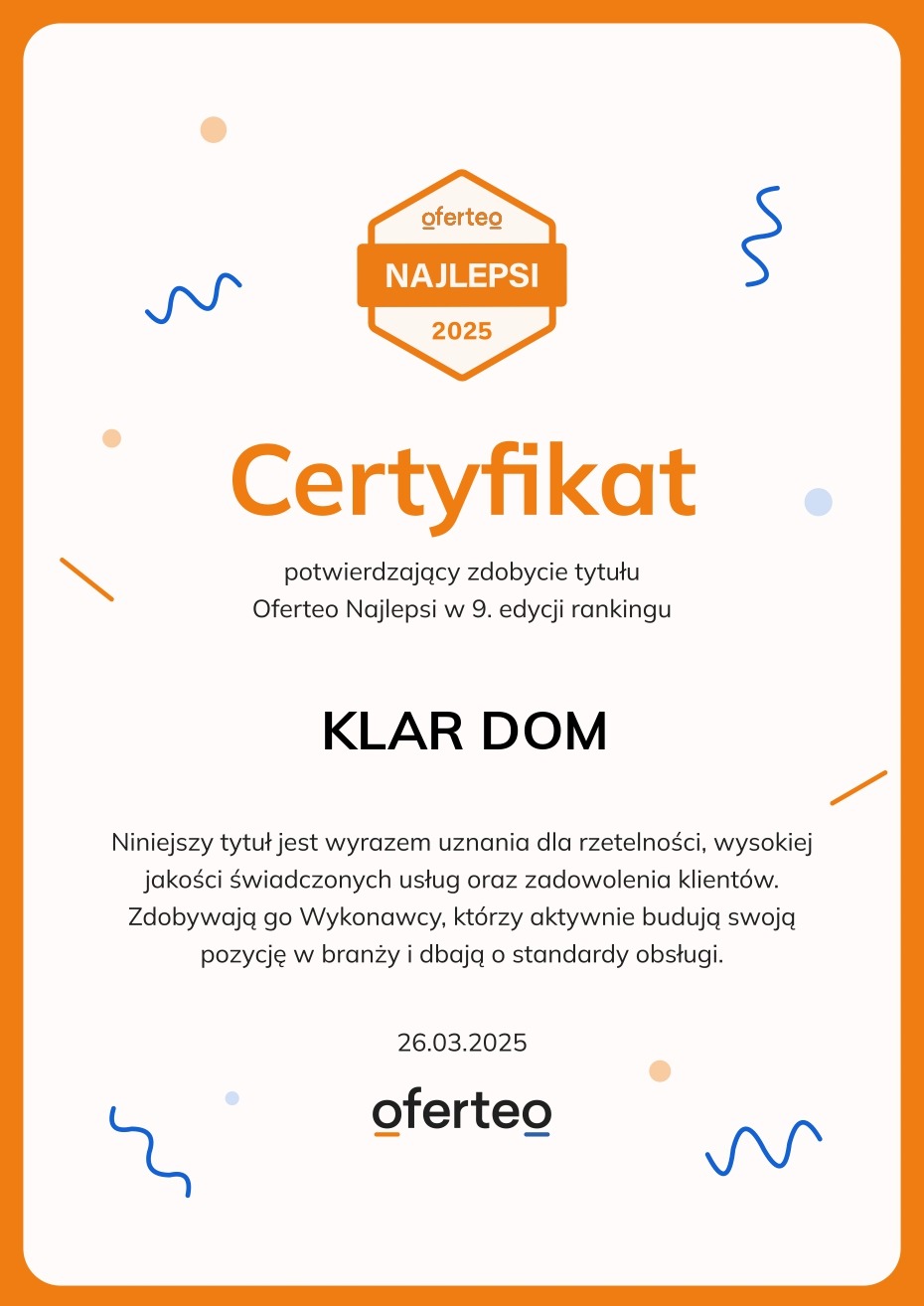 Certyfikat Oferteo Najlepsi 2025 dla firmy Klar Dom, potwierdzający wysoką jakość świadczonych usług i zadowolenie klientów, z datą 26.03.2025.