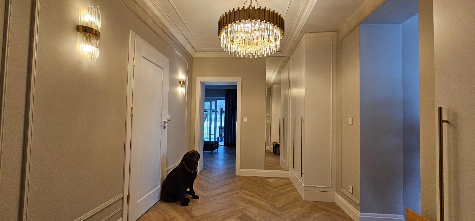 Elegancki hol z parkietem w jodełkę, oświetleniem ściennym i sufitowym. Czekoladowy labrador siedzi przy drzwiach. Widoczne szafy w zabudowie i dekoracyjne listwy.
