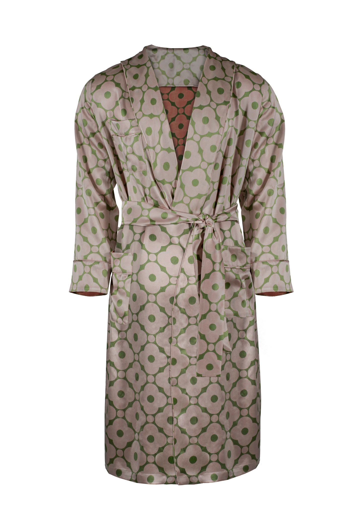 Jedwabny szlafrok szyty z satyny jedwabnej zadrukowany w autorski wzór.