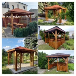 Kompozycja pięciu zdjęć przedstawiających drewniane konstrukcje zadaszone, niektóre z kratownicami, w różnych ogrodach i na różnych podłożach.