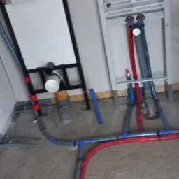 Stelaż podtynkowy WC z podłączonymi rurami kanalizacyjnymi i wodnymi w kolorach szarym, niebieskim i czerwonym, widoczne mocowania do ściany i podłogi, surowy beton na podłodze.