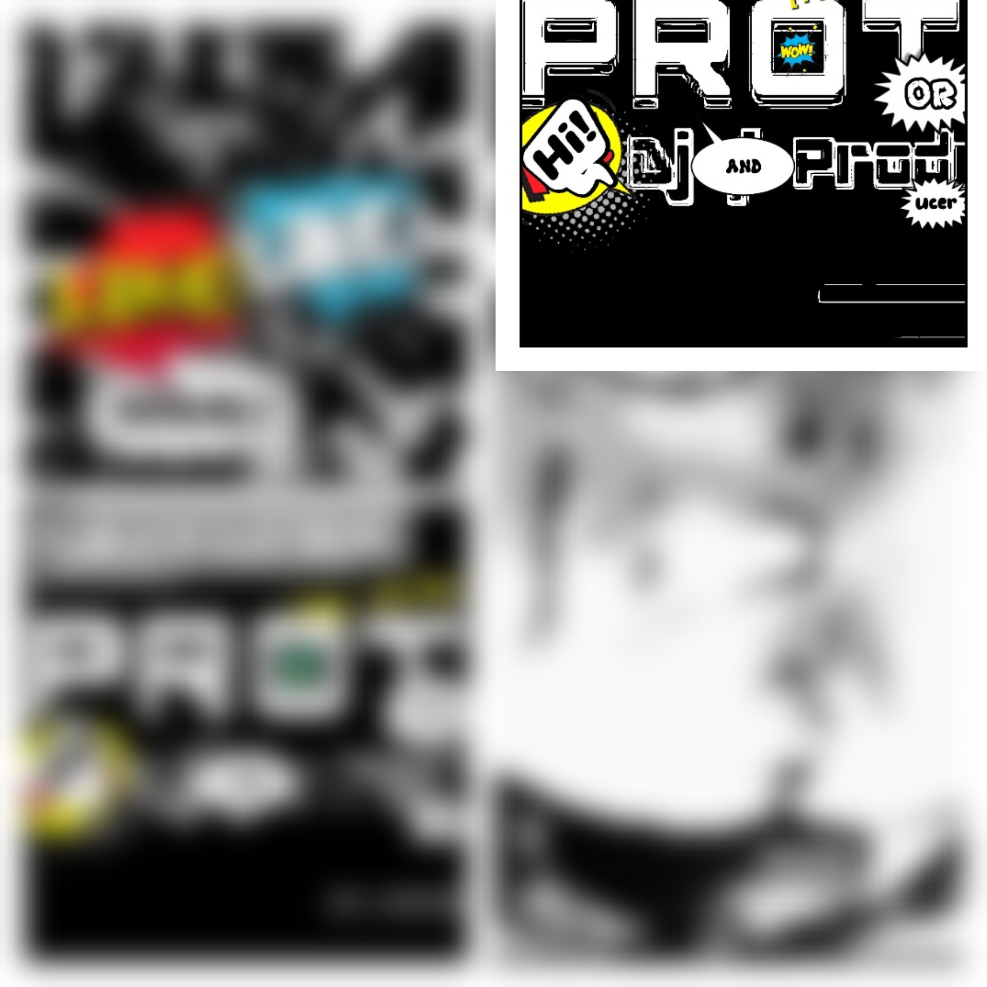 Komiksowy plakat z napisem 'PRO DJ AND PRODUCER' w czarno-białej kolorystyce z kolorowymi dymkami dialogowymi.