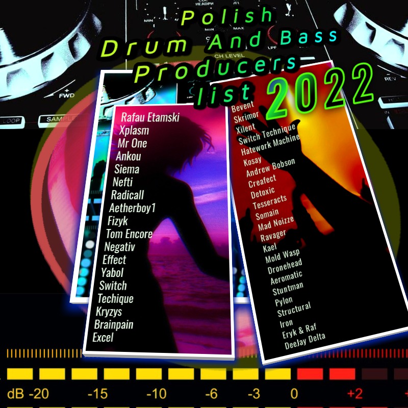 Lista polskich producentów muzyki drum and bass z 2022 roku, wyświetlana na tle sprzętu DJ-skiego i mierników dźwięku, z sylwetką postaci w tle.