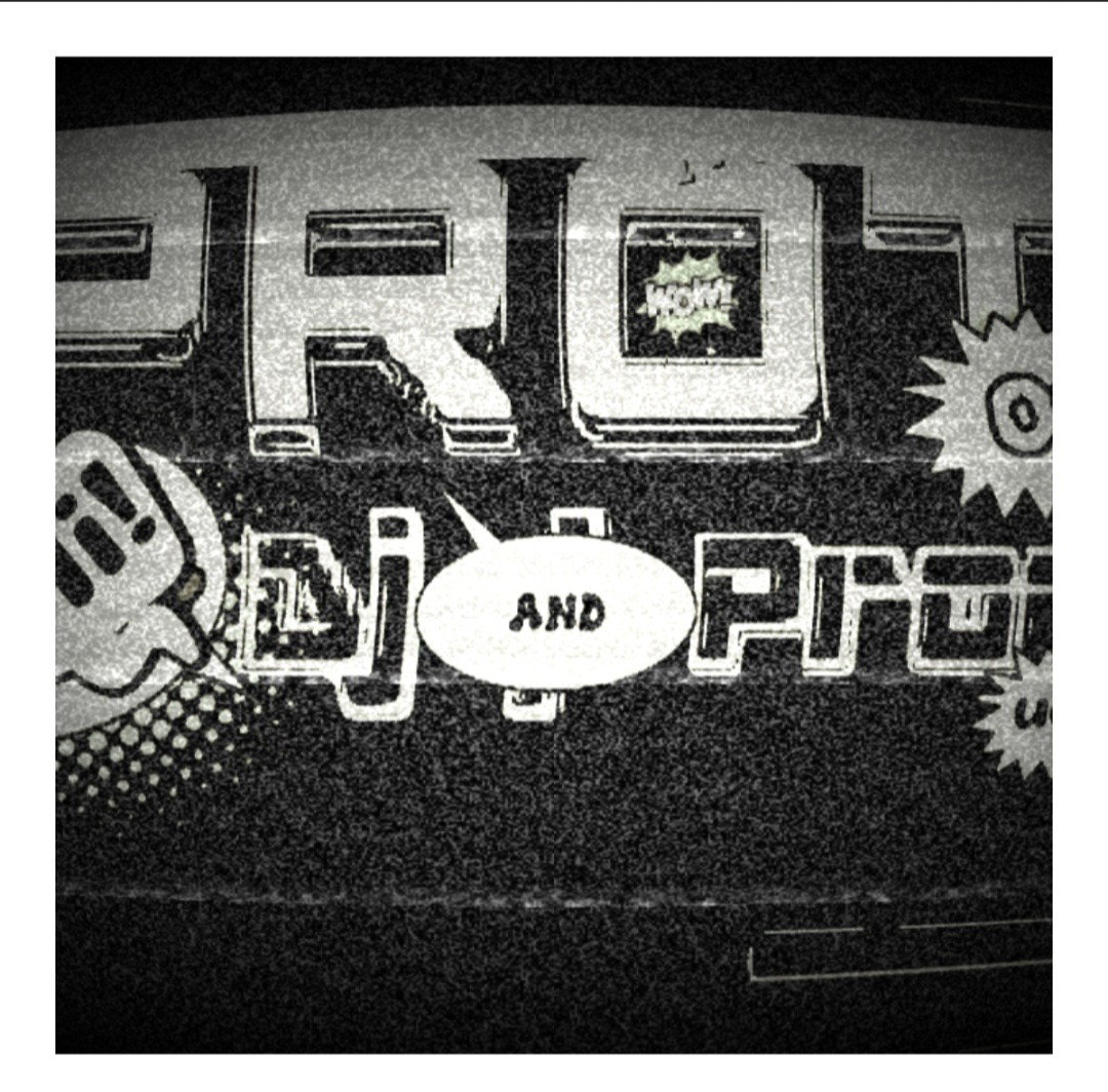 Stylizowany, ziarnisty napis 'Alias Protor DJ and Pro' w konwencji starej telewizji z elementami komiksowymi.