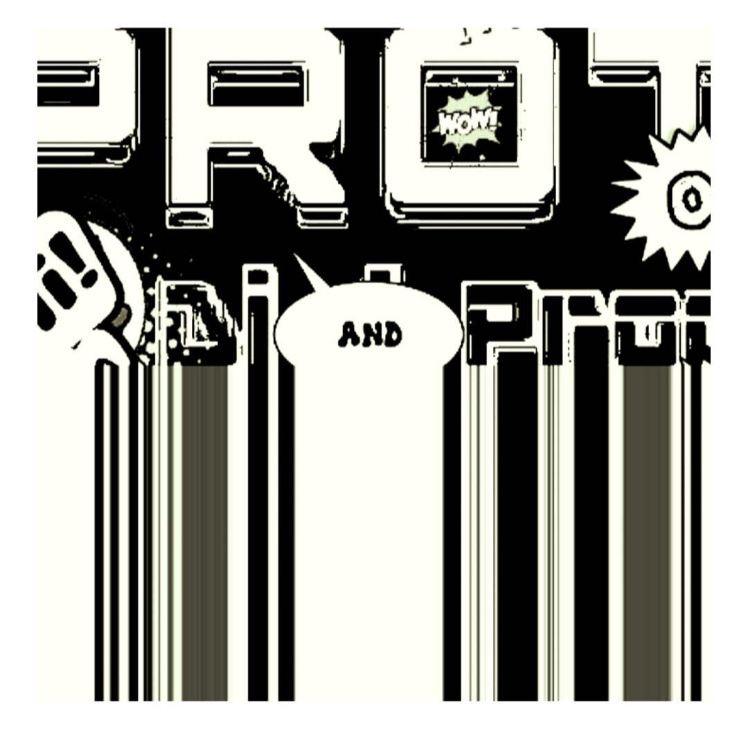 Stylizowany komiksowy napis z elementami graficznymi, w czarno-białej kolorystyce, z efektem retro i wyraźnymi pionowymi zakłóceniami.