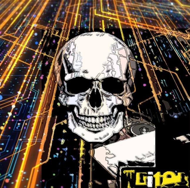 Szkic czaszki na tle abstrakcyjnej sieci obwodów elektronicznych z efektem świetlnym, stylizowane na graffiti z napisem 'Lite' w dolnym rogu.