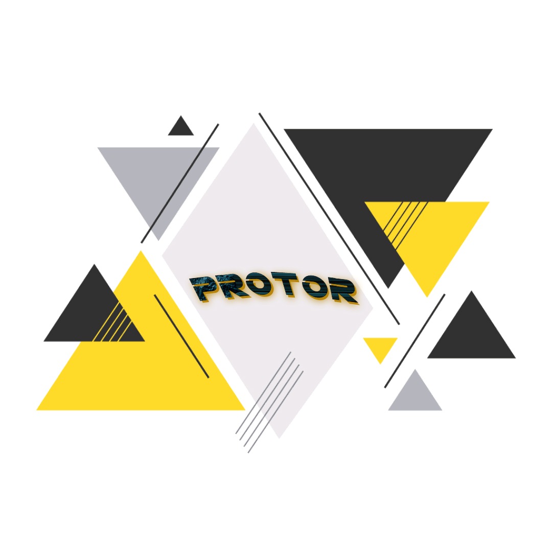 Abstrakcyjne logo 'PROTOR' z trójkątami w odcieniach szarości, czerni i żółci na białym tle.