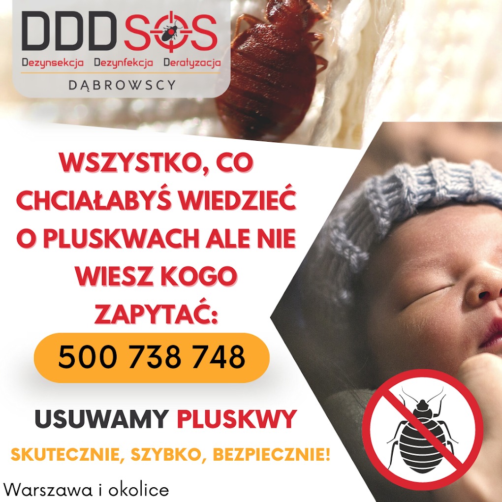 Grafika reklamowa firmy z Warszawy oferującej usługi zwalczania pluskiew, zawierająca zdjęcie pluskwy na materacu, śpiącego niemowlaka w czapce oraz numer telefonu kontaktowego.