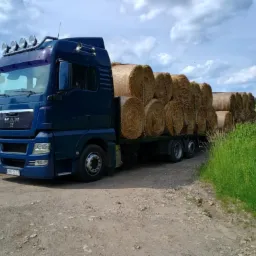 Niebieska ciężarówka MAN z ładunkiem okrągłych bel siana na przyczepie, widziana z boku na polnej drodze, w tle łąka i błękitne niebo z chmurami.