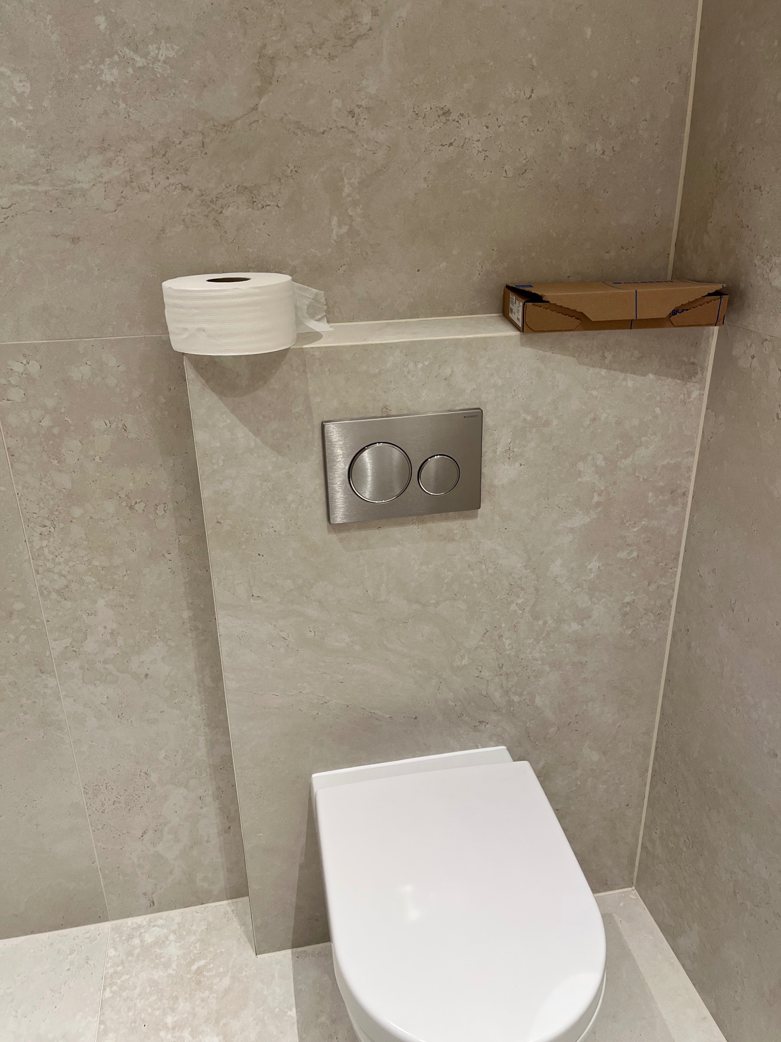 Minimalistyczna toaleta w jasnych płytkach z ukrytym systemem spłukiwania Geberit, papierem toaletowym i kartonem na półce. Nowoczesne wykończenie wnętrza.
